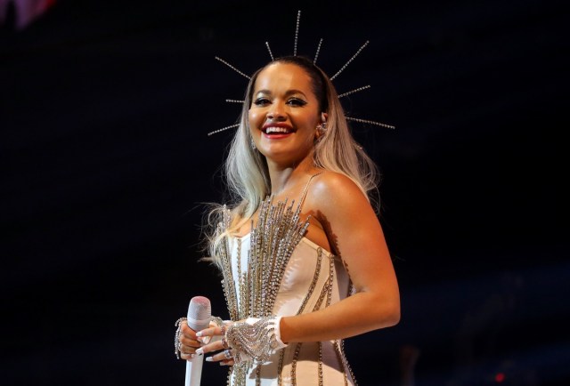 rita ora wearing rhinestone bustier and star crown