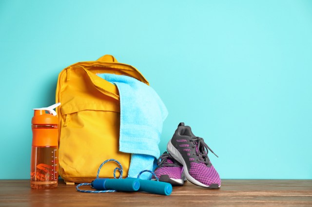 packed gym bag on the floor.