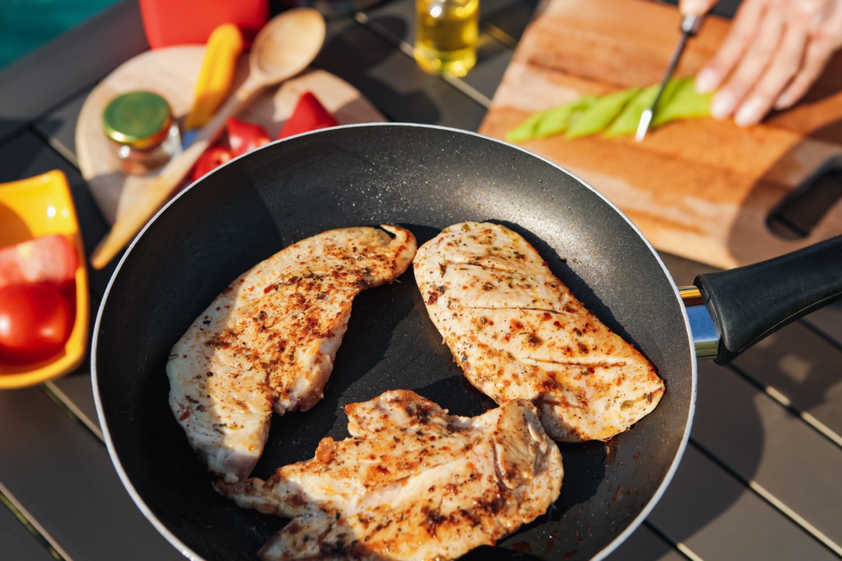 Pieces of fried chicken breast on a pan.