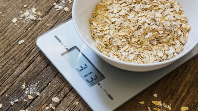 bowl of oatmeal on a food scale