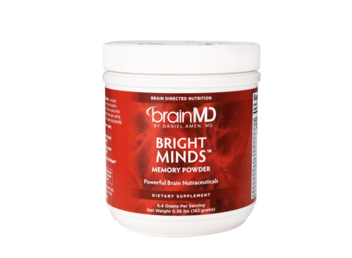 white jar of bright minds supplement with red label