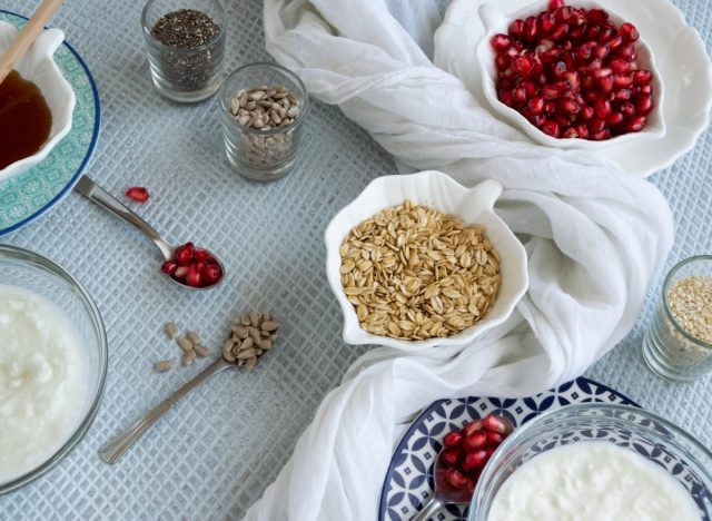 pomegranate seeds, sunflower seeds, muesli